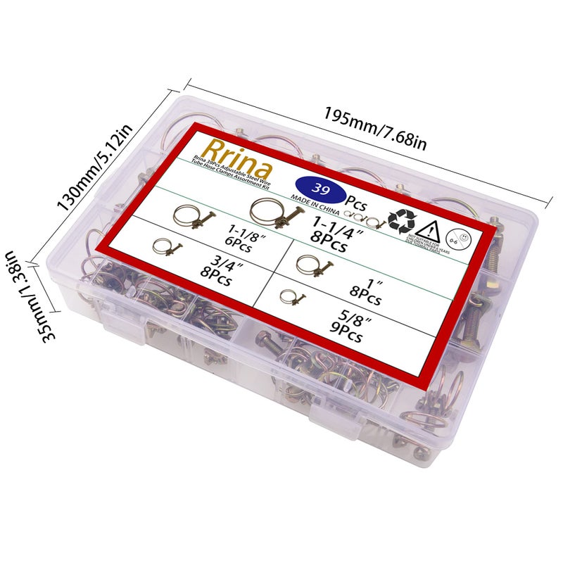 Rrina 39Pcs Adjustable Steel Double Wire Tube Hose Clamps Assortment Kit  5 Sizes 3/4""  5/8""  1""  1-1/8""  1-1/4"" - Image 4